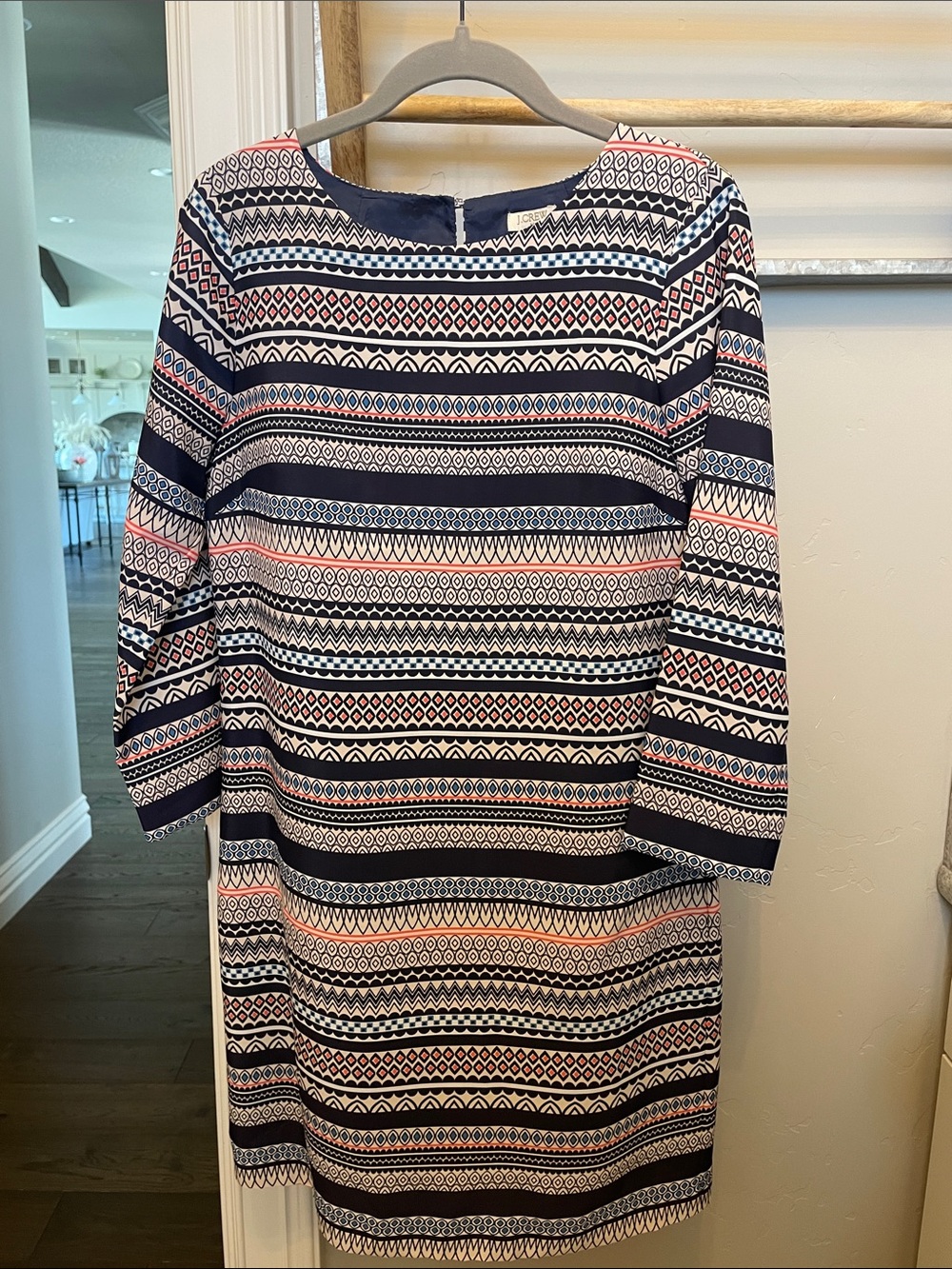 J Crew Navy, White & Pink Geometric Long Sleeve Shift Dress Size 2